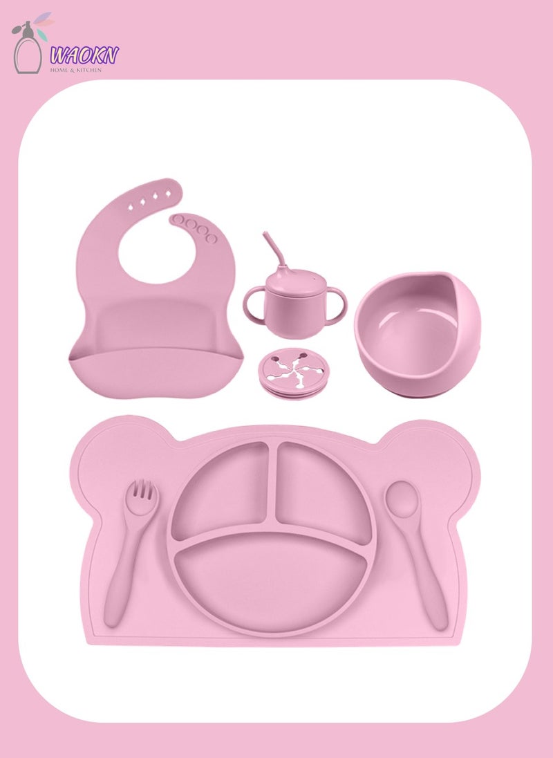 WAOKN 8-Piece Baby Silicone Tableware Set, Special For Infants To Eat Their Own Training Tableware Set, Including Dinner Plate, Complementary Food Bowl, Sippy Cup, Bib, Placemat, Fork, Spoon, Snack Cover  - Image 1