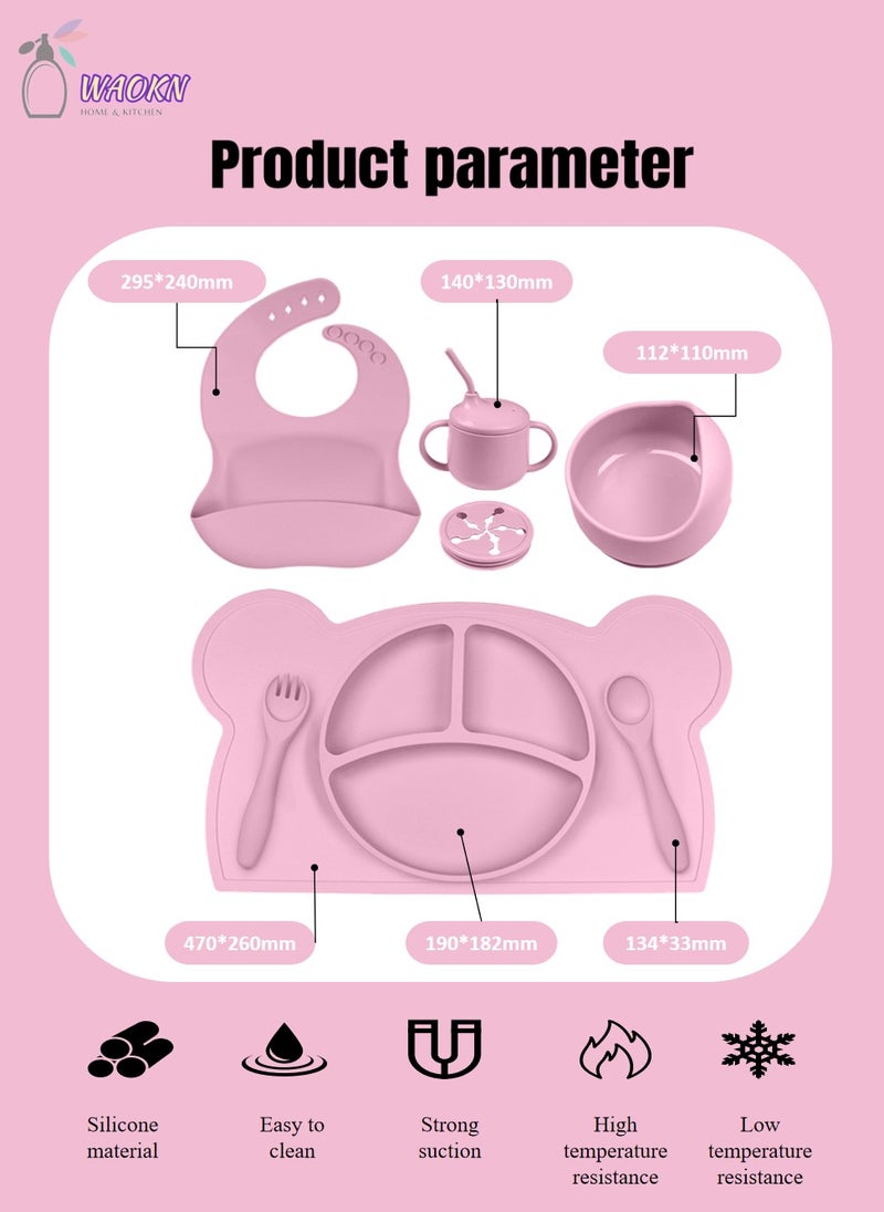 WAOKN 8-Piece Baby Silicone Tableware Set, Special For Infants To Eat Their Own Training Tableware Set, Including Dinner Plate, Complementary Food Bowl, Sippy Cup, Bib, Placemat, Fork, Spoon, Snack Cover  - Image 2