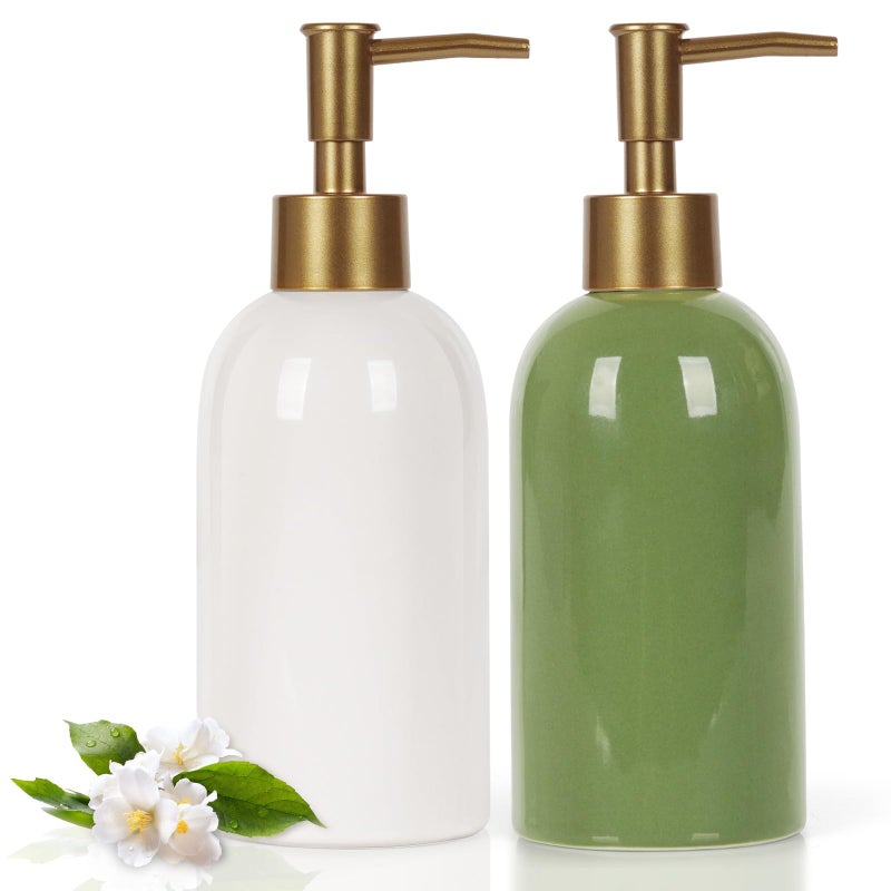 Natheeph 2PC 14OZ Ceramic Soap Dispenser Ceramic Soap Pump Dispenser Can Fill Liquid for BathroomKitchen White  Green