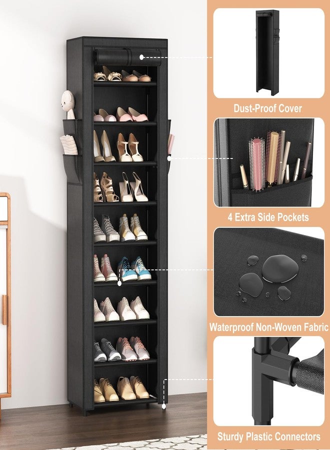 VILICK Shoe Rack with Cover Narrow Shoe Rack Organizer with 4 Side Pockets 10 Tier Tall Shoe Storage Shoe Shelf Holds 18-22 Pairs Shoes and Boots Shoe Rack for Closet Entryway Garage - Image 4