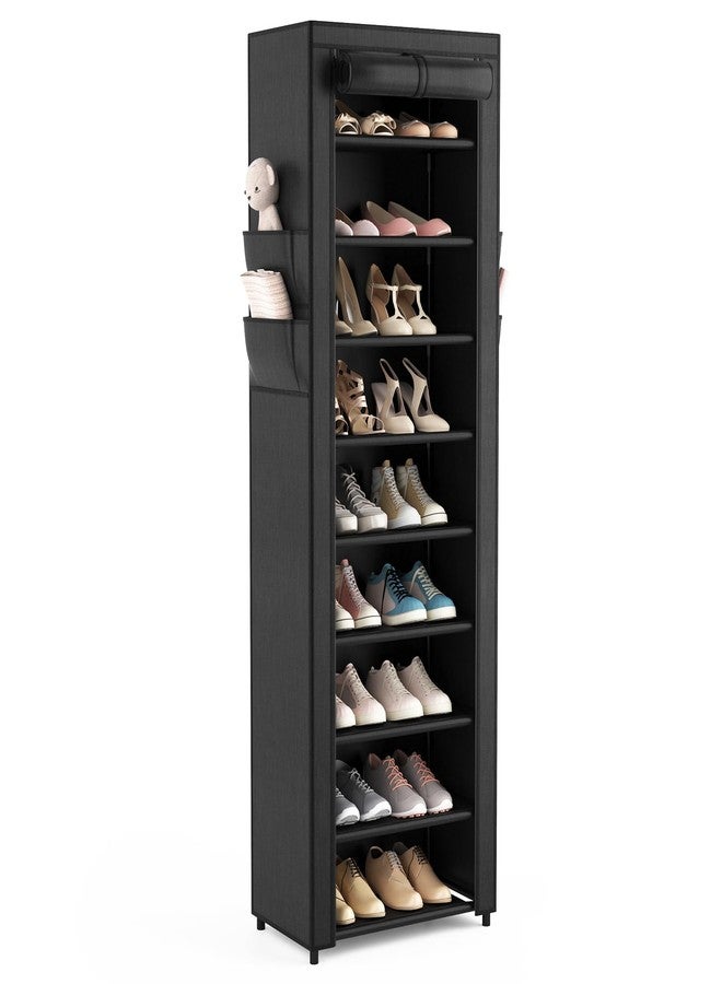 VILICK Shoe Rack with Cover Narrow Shoe Rack Organizer with 4 Side Pockets 10 Tier Tall Shoe Storage Shoe Shelf Holds 18-22 Pairs Shoes and Boots Shoe Rack for Closet Entryway Garage - Image 1