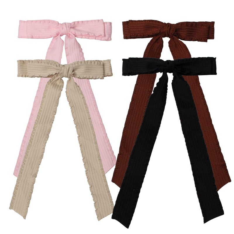 Cuizhiyu Bow Hair Clip for Girls Skinny Bow Hair Slide Barrette Wavy Edge Hair Bow Long Tail Ribbon Tassel Hair Bow Clips for Women Simple Hair Ribbons Accessories Pack of 4 