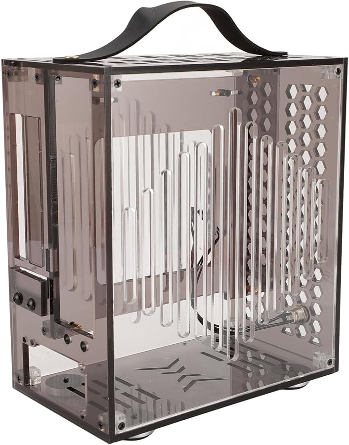 حالة كمبيوتر Black Mini ITX مع مقبض وزجاج جانبي كامل 360 دعم تدفق هواء مفتوح لدعم بطاقة رسومات 320 مم - Image 3