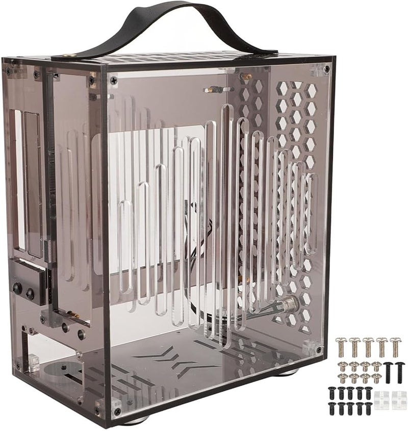 حالة كمبيوتر Black Mini ITX مع مقبض وزجاج جانبي كامل 360 دعم تدفق هواء مفتوح لدعم بطاقة رسومات 320 مم - Image 5