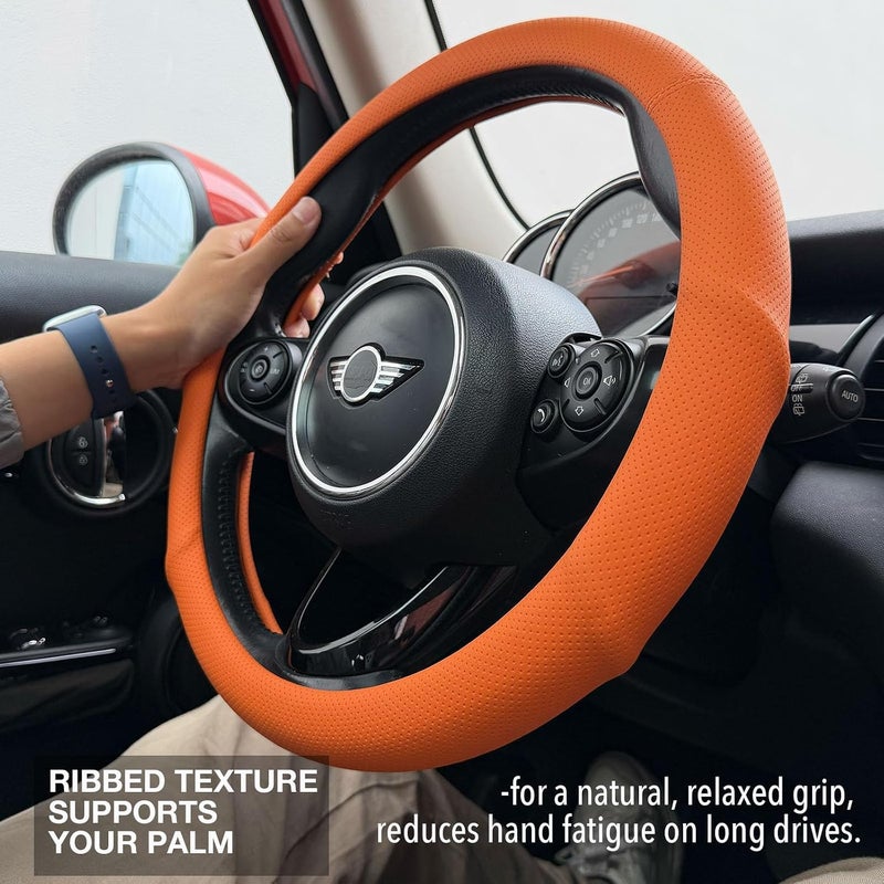 PINCTROT Large Size Nappa Leather Steering Wheel Cover with Ergonomic Palm Support Grip, Full Perforated Breathable, Slim Fit No Bulk Design,15.5-15.75 Inch(Hot Orange) - Image 2
