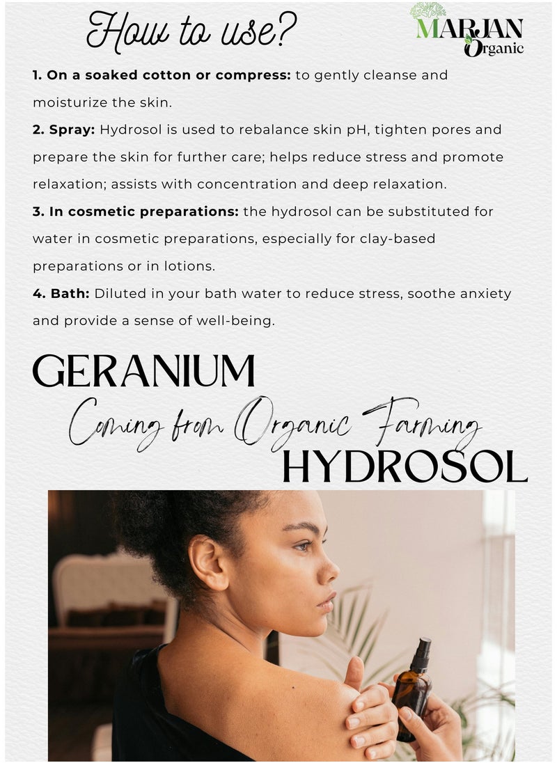 MARJAN ORGANIC - Geranium Hydrosol Floral Water, 30ml, Face Toner, Cleanser, Body Mist, Calming, Restores Radiance and Softness, Vegan - Image 1