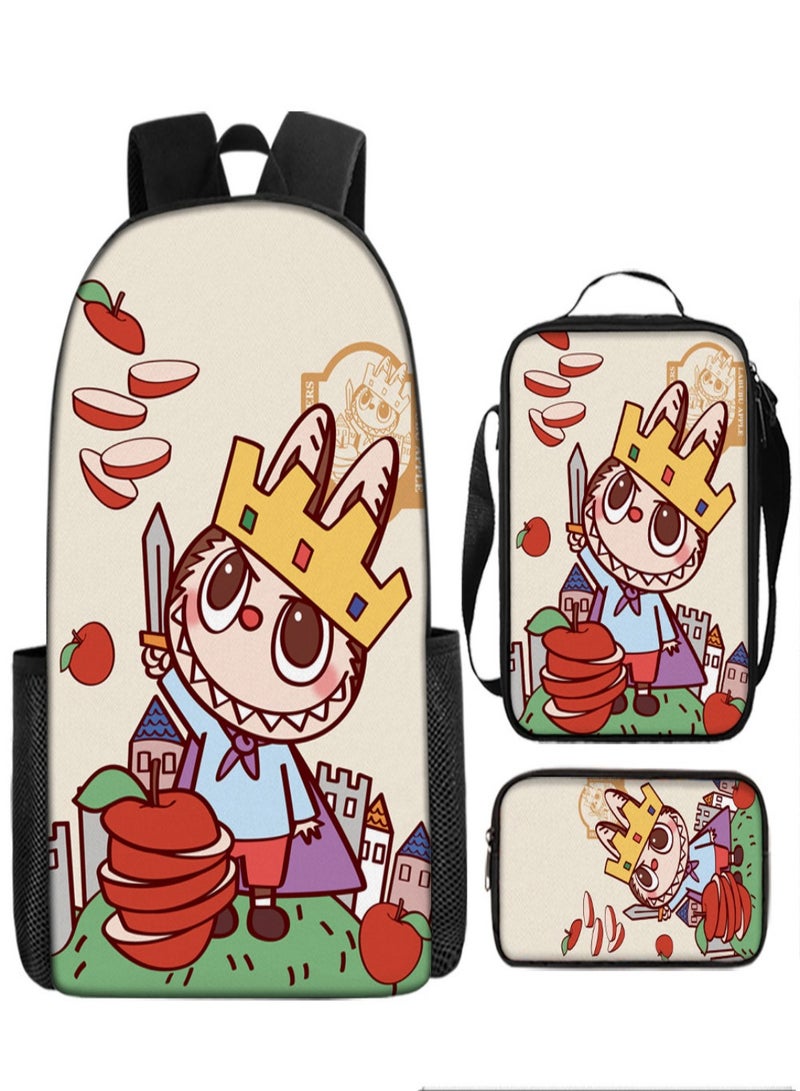 LABUBU Children Backpack Schoolbag Teen Student School Book bag with Lunch Box Pen Case 3 in 1 for Kids