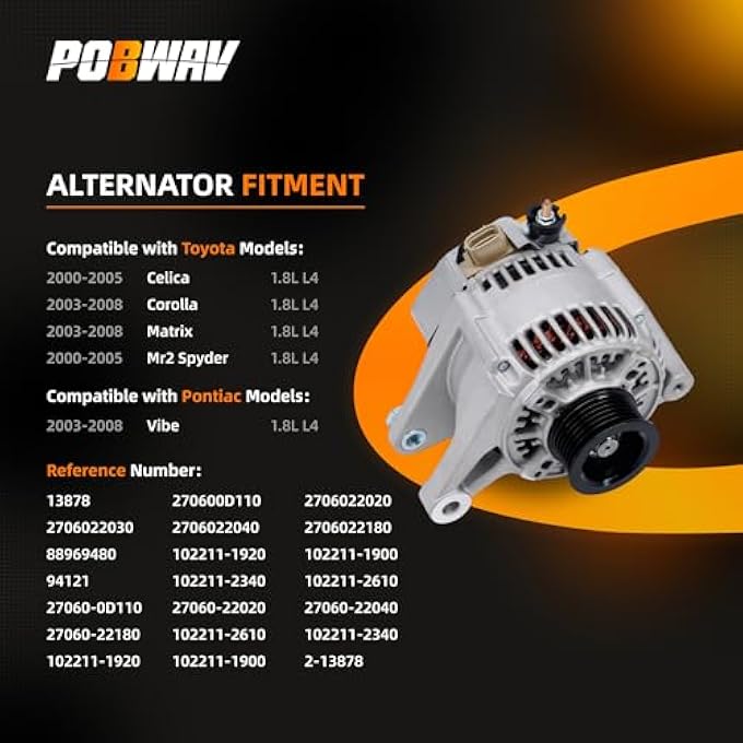 POBWAV 13878 New Alternator Compatible with L4 1.8L TOYOTA Celica 2005 Corolla 2005-2008 Matrix 2005-2008 MR2 SPYDER 2005/PONTIAC VIBE 2005-2008 Replace 102211-1900 - Image 2