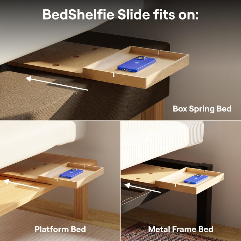 BedShelfie Bedside Shelf for Bunk Bed & Top Bunk, College Dorm Room & Loft Nightstand, Floating Bed Side Table Tray Storage - Natural Wood Slide - Image 3