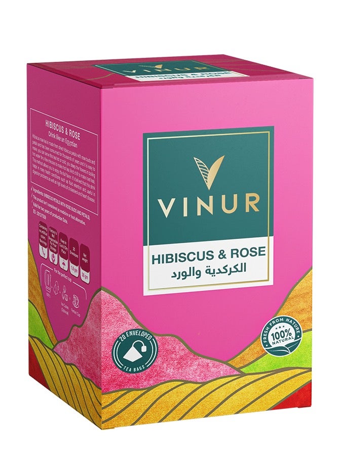 VINUR VINUR Organic Hibiscus & Rose Herbal Tea – 20 Pyramidal Tea Bags - Image 1