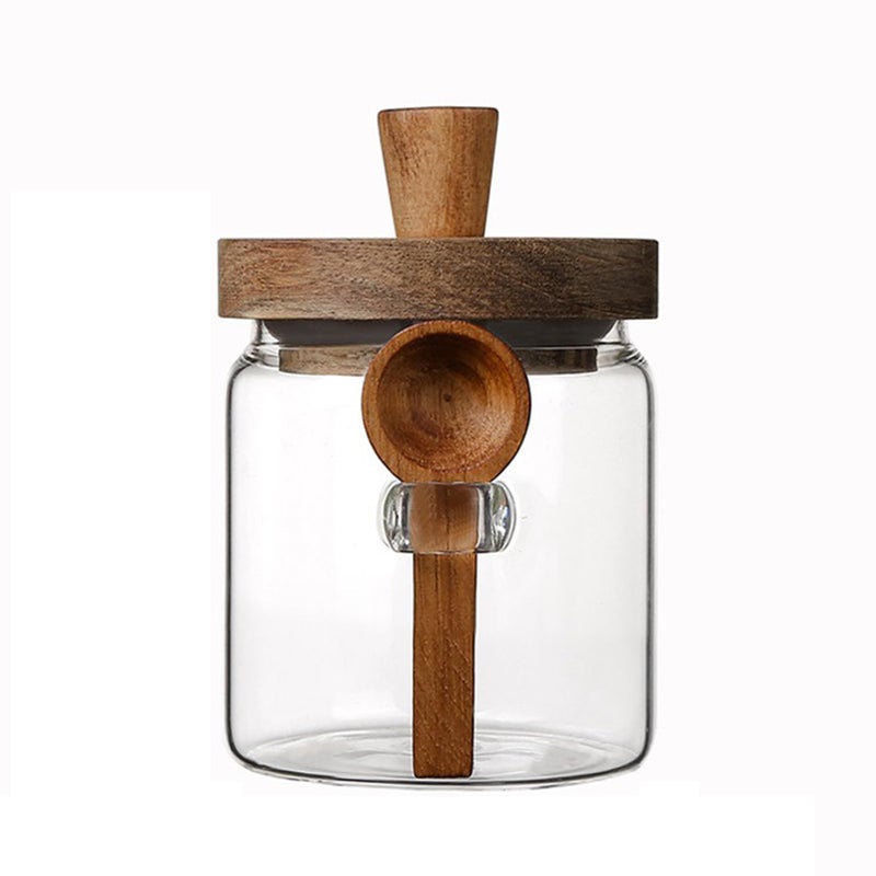 Coriario 13 OZ Glass Jar with Lid and Spoon Airtight Glass Candy Jars Wide Mouth Clear Glass Coffee Storage Canister Wooden Handle Lids for Food Sugar Cookie Tea Decorative - Image 1