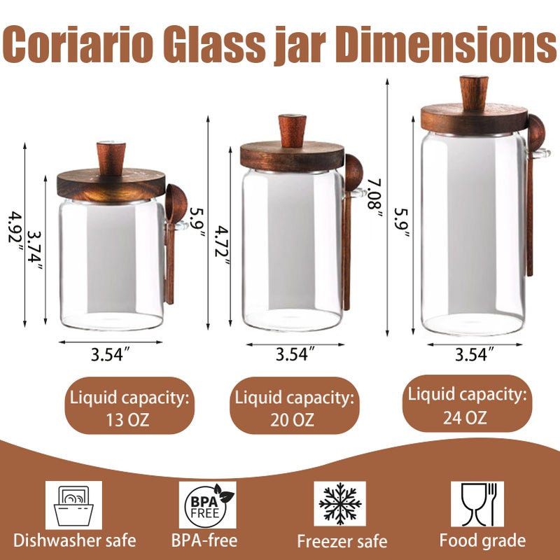 Coriario 13 OZ Glass Jar with Lid and Spoon Airtight Glass Candy Jars Wide Mouth Clear Glass Coffee Storage Canister Wooden Handle Lids for Food Sugar Cookie Tea Decorative - Image 2