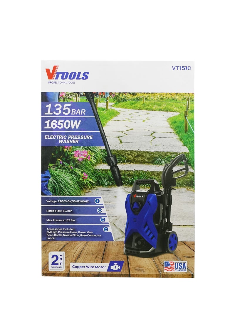 VTOOLS 135 Bar Electric Pressure Washer With 2 Wheels,5 Meter Hose & Soap Dispenser, 1650 Watt, Auto Stop and Self Priming Mode, For Car, Home & Garden, ,  - Image 4
