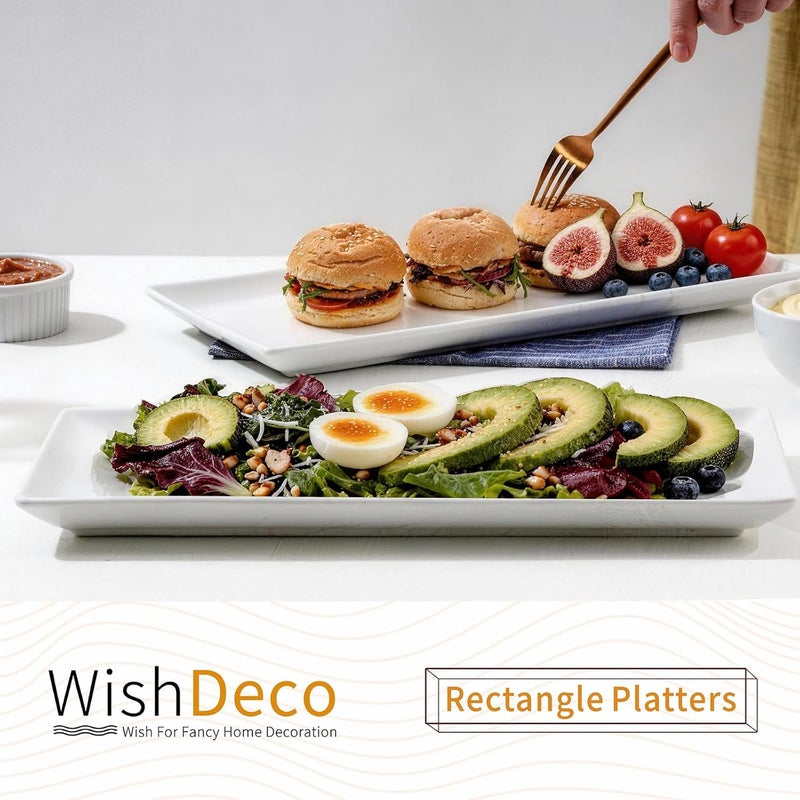 WishDeco 16 Inch Large Serving Platter Set of 2, Long Ceramic Serving Tray, Rectangular Serving Dishes for Entertaining, Fruit, Appetizer, Charcuterie, White Plates Oven & Dishwasher Safe - Image 2