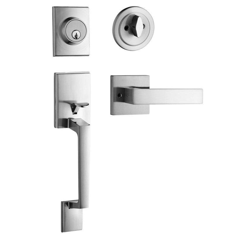 Berlin Modisch Single Cylinder HandleSet with Lever Door Handle (for Entrance and Front Door) Reversible for Right and Left Handed and a Single Cylinder deadbolt Handle Set Satin Nickel Finish - Image 1