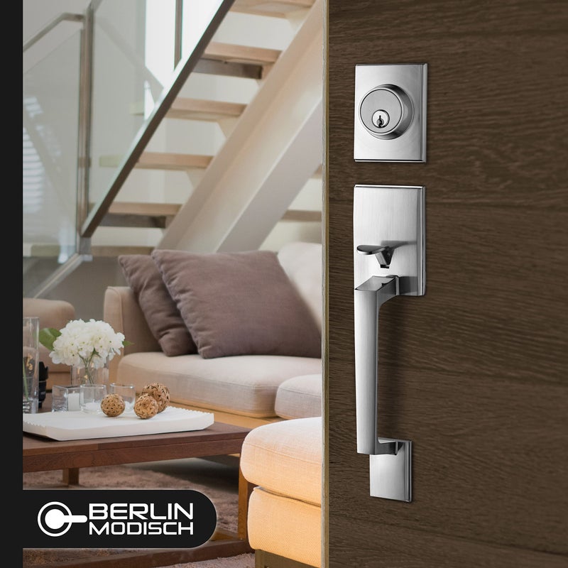 Berlin Modisch Single Cylinder HandleSet with Lever Door Handle (for Entrance and Front Door) Reversible for Right and Left Handed and a Single Cylinder deadbolt Handle Set Satin Nickel Finish - Image 3