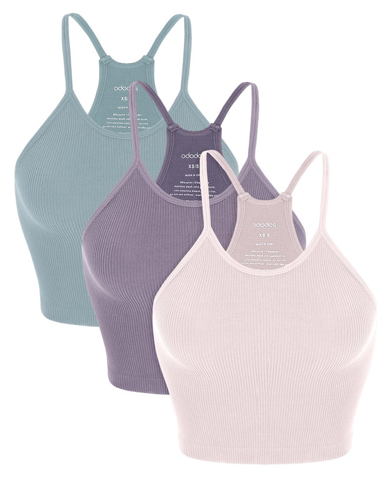 ODODOS Women's Crop 3-Pack Seamless Rib-Knit Camisole Crop Tank Tops, Pink Lace Violet Iceberg, Medium/Large - Image 1