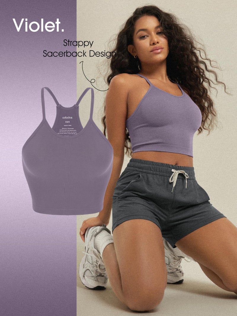 ODODOS Women's Crop 3-Pack Seamless Rib-Knit Camisole Crop Tank Tops, Pink Lace Violet Iceberg, Medium/Large - Image 4