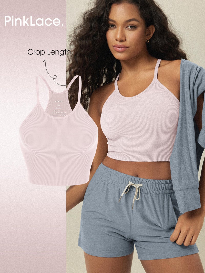 ODODOS Women's Crop 3-Pack Seamless Rib-Knit Camisole Crop Tank Tops, Pink Lace Violet Iceberg, Medium/Large - Image 3