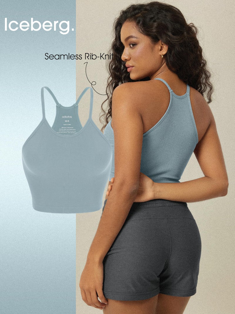 ODODOS Women's Crop 3-Pack Seamless Rib-Knit Camisole Crop Tank Tops, Pink Lace Violet Iceberg, Medium/Large - Image 5