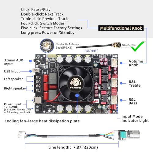 DAJUNGUO T220HS-W Power Amplifier Board 2.0 Channel 220W×2 with Treble and Bass, 12V-36V Audio Power Amplifier Module with Front Panel - Image 2