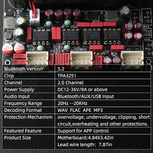 DAJUNGUO T220HS-W Power Amplifier Board 2.0 Channel 220W×2 with Treble and Bass, 12V-36V Audio Power Amplifier Module with Front Panel - Image 5