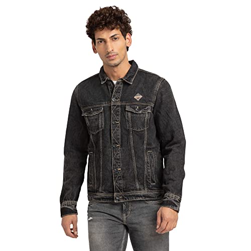 Spykar Men Black Cotton Slim Fit Standard Length Denim Jacket, 2XL - Image 1