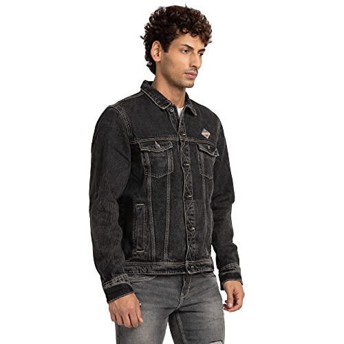 Spykar Men Black Cotton Slim Fit Standard Length Denim Jacket, 2XL - Image 4