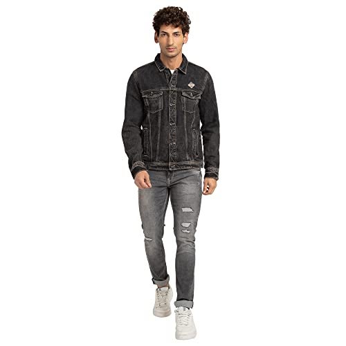Spykar Men Black Cotton Slim Fit Standard Length Denim Jacket, 2XL - Image 2