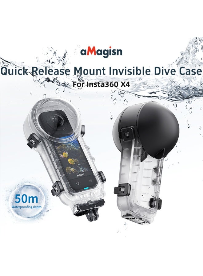 aMagisn حافظة مقاومة للماء لـ Insta360 X4 مع قاعدة مغناطيسية سريعة التركيب، غطاء غوص حتى 50 متر، تصوير بزاوية 360°، مضادة للضباب، مع غطاء عدسة سيليكون وثقب لولبي 1/4 - Image 2