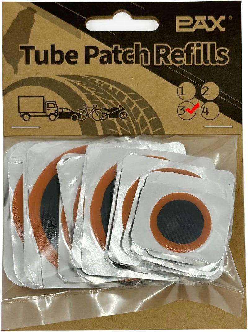 PAX 15 Pcs Inner Tube Patch Refills. Contains 3Pcs X 25mmØ/ 32mmØ/ 42mmØ/ 50mmØ/ 60mmØ. Puncture Flat Tire Repair Patch Kit for Bicycle, Motorcycle, Scooter, River Floating, Inflatable Rubber - Image 1