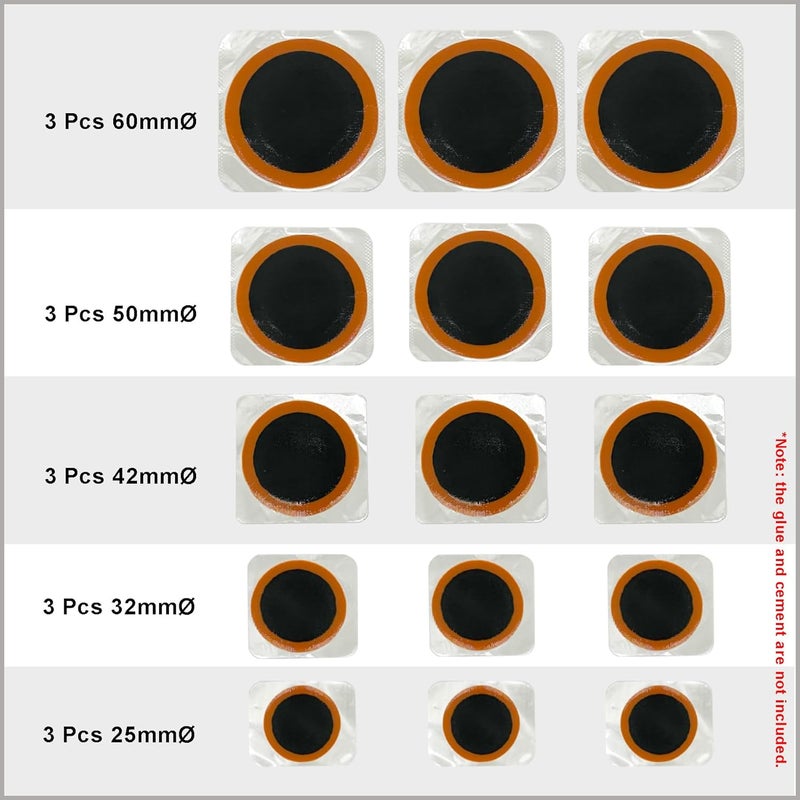 PAX 15 Pcs Inner Tube Patch Refills. Contains 3Pcs X 25mmØ/ 32mmØ/ 42mmØ/ 50mmØ/ 60mmØ. Puncture Flat Tire Repair Patch Kit for Bicycle, Motorcycle, Scooter, River Floating, Inflatable Rubber - Image 2