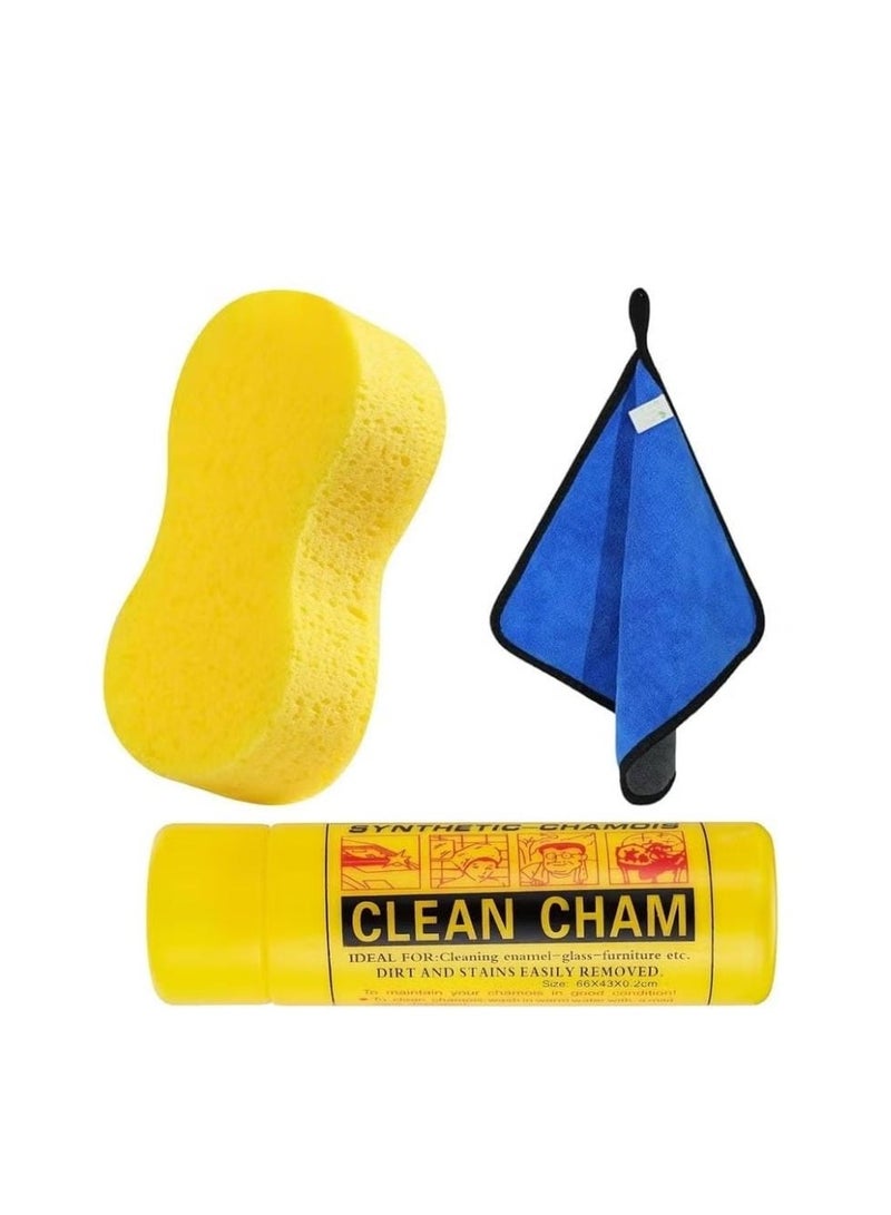 3 Piece Car Wash Cleaning Tool Set, Car Wash Detailing Kit, Microfiber Car Drying Towel/Pop-Up Car Sponge/Chamois Drying Cloth - Image 1