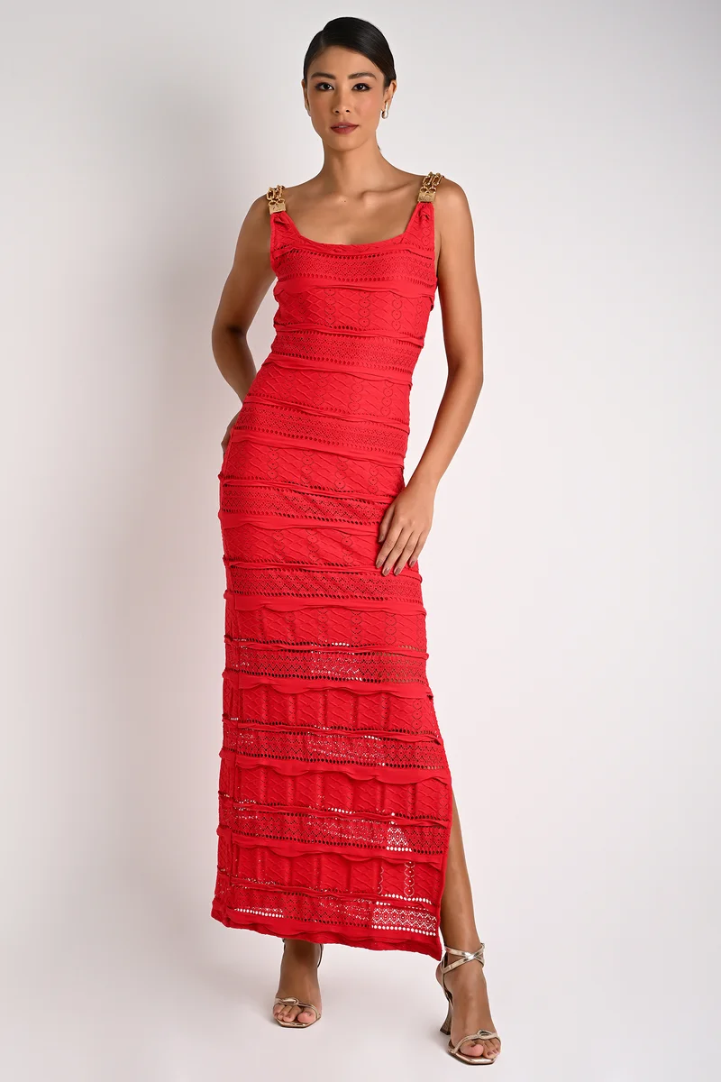 Midi Sheath Dress with Mesh Effect in Red