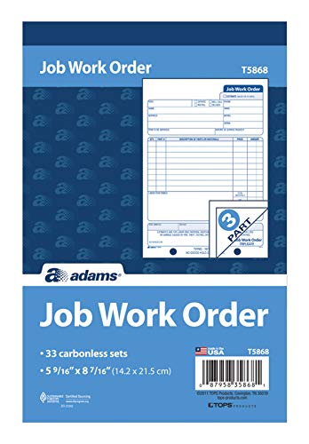Adams Job Work Order Book, 3-Part Carbonless, White/Canary/White, 5-9/16 x 8-7/16 Inches, 33 Sets (T5868) - Image 1