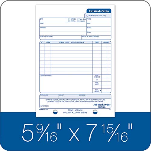 Adams Job Work Order Book, 3-Part Carbonless, White/Canary/White, 5-9/16 x 8-7/16 Inches, 33 Sets (T5868) - Image 2