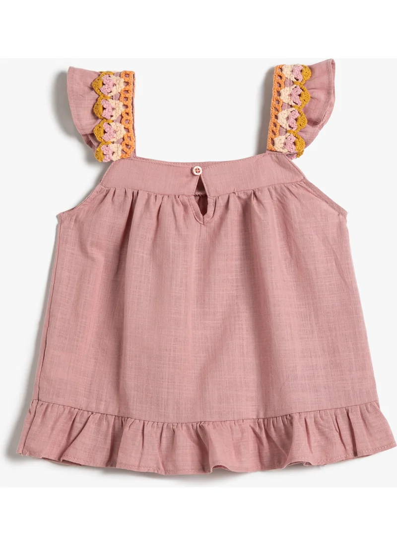 كوتون Blouse Sleeveless Ruffle and Crochet Detailed Cotton