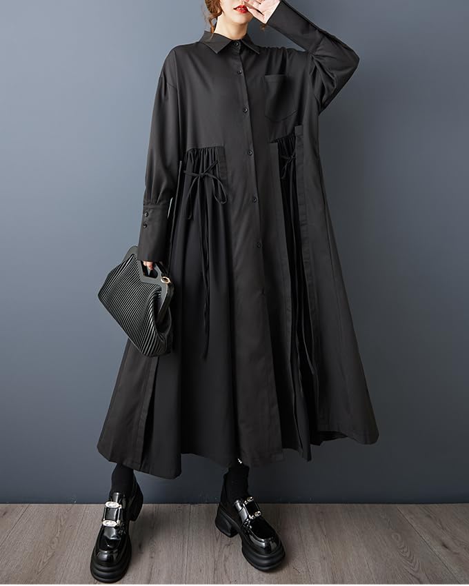 ellazhu Women's Shirt Dress Lapel Button Down Oversize Long Sleeve Solid GZ603 Black - Image 2