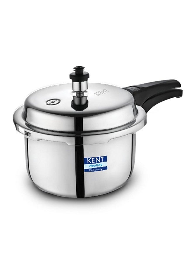 KENT وعاء ضغط من الفولاذ المقاوم للصدأ سعة 2 لتر من كينت مع غطاء خارجي من الفولاذ المقاوم للصدأ | قاعدة ثقيلة بسمك 4.66 مم | مقابض مصبوبة بالحقن للمتانة | صمام أمان خالٍ من الرصاص | مناسب للموقد الحثي - Image 1