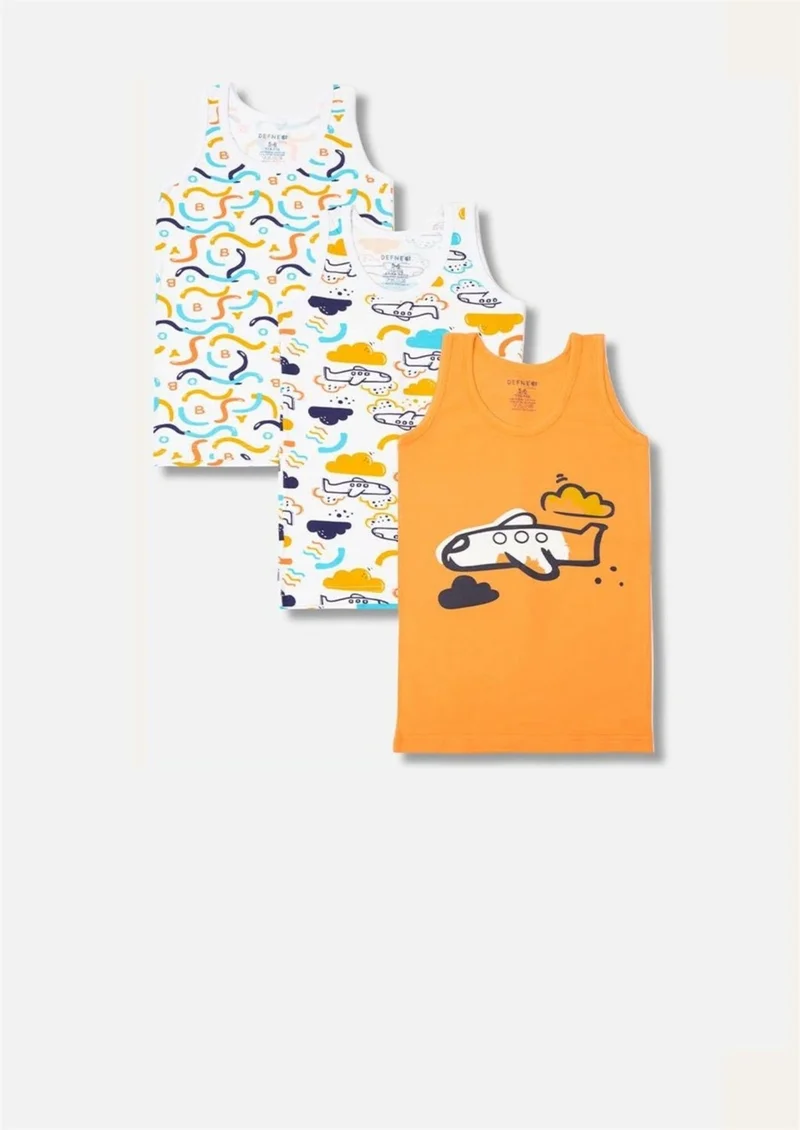 Defne Plane Printed Colorful Lycra Combed Cotton Boy 3-Pack Undershirt