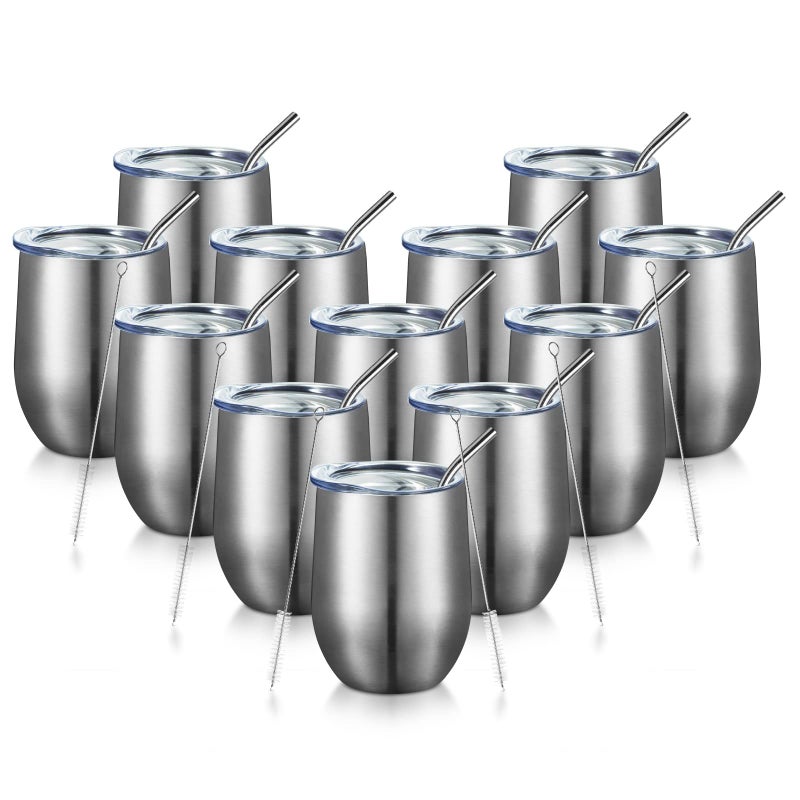 COMOOO 12oz Insulated Wine tumbler with Lid Stainless Steel Stemless Wine Tumbler GlassDouble Wall Vacuum Wine Tumbler Cups with Straw for Coffee CocktailsBeerChampaign Silver 12 pack