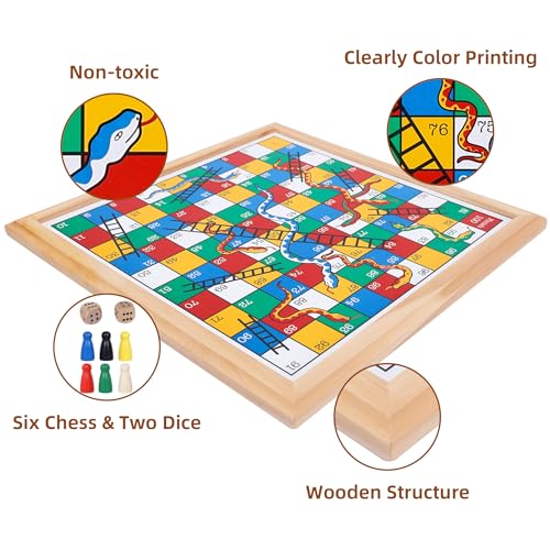 Gothink Wooden Snakes and Ladders Game - 13 Inch Educational Board Game for Children Ages 3 and Up & Adults - Classic Board Game Includes 6 Counters & 2 Dice, Rules - Image 3