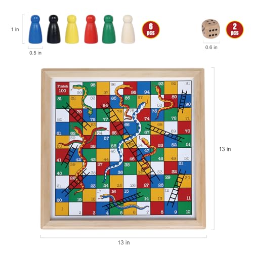 Gothink Wooden Snakes and Ladders Game - 13 Inch Educational Board Game for Children Ages 3 and Up & Adults - Classic Board Game Includes 6 Counters & 2 Dice, Rules - Image 5