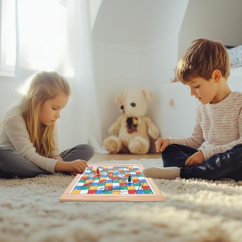 Gothink Wooden Snakes and Ladders Game - 13 Inch Educational Board Game for Children Ages 3 and Up & Adults - Classic Board Game Includes 6 Counters & 2 Dice, Rules - Image 4