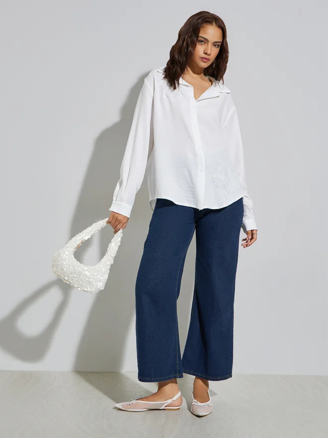 Styli White Floral Patch Detail Oversized Shirt