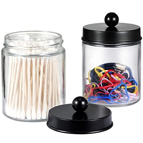 Amolliar 6Pc Apothecary Jars Bathroom Vanity Organizer- Rustic Farmhouse Decor Storage Canister with Stainless Steel Lids- Qtip Dispenser Holder for Q-Tips,Cotton Swabs,Rounds,Ball,Flossers (Black) - Image 2