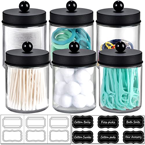 Amolliar 6Pc Apothecary Jars Bathroom Vanity Organizer- Rustic Farmhouse Decor Storage Canister with Stainless Steel Lids- Qtip Dispenser Holder for Q-Tips,Cotton Swabs,Rounds,Ball,Flossers (Black) - Image 1