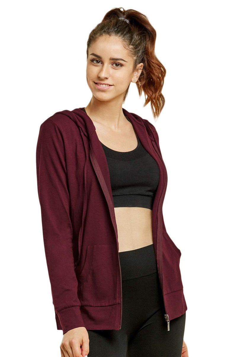 Sofra Women's Thin Cotton Zip Up Hoodie Jacket,Burgundy,Small - Image 2