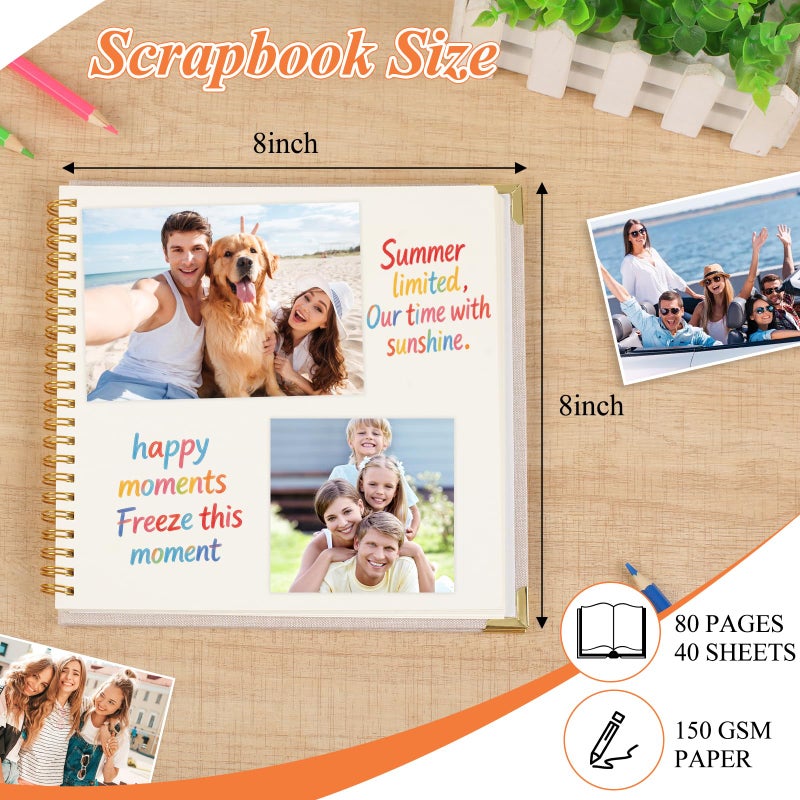 Joyberg Scrap Book Album 80 Pages, 8 x 8 Inch Hardcover Linen Cover Memory Book, DIY Scrapbook Photo Album for Wedding, Anniversary Family, Handicraft Projects (Beige) - Image 2