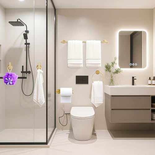 Kwanicas 6 Pieces Brushed Gold Bathroom Hardware Accessories Set, SUS304 Stainless Steel 24 Inch Bath Towel Bar Set, Round Bathroom Towel Holder Set, Towel Racks for Bathroom Wall Mounted - Image 2